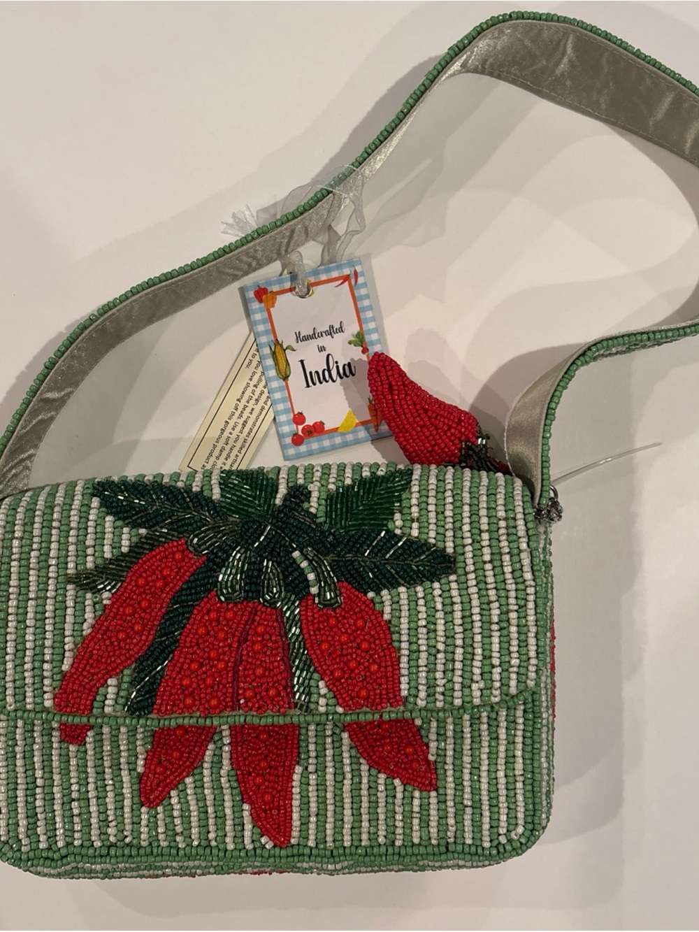 Handcrafted Beaded Shoulder Bag in Green & Red Chili Pepper NWT by From India
